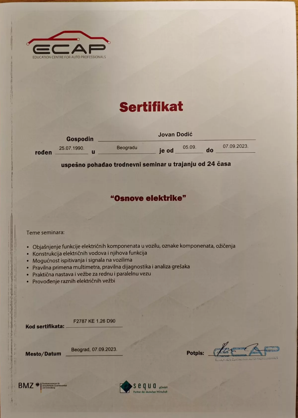 ECAP sertifikat — Jovan Dodić