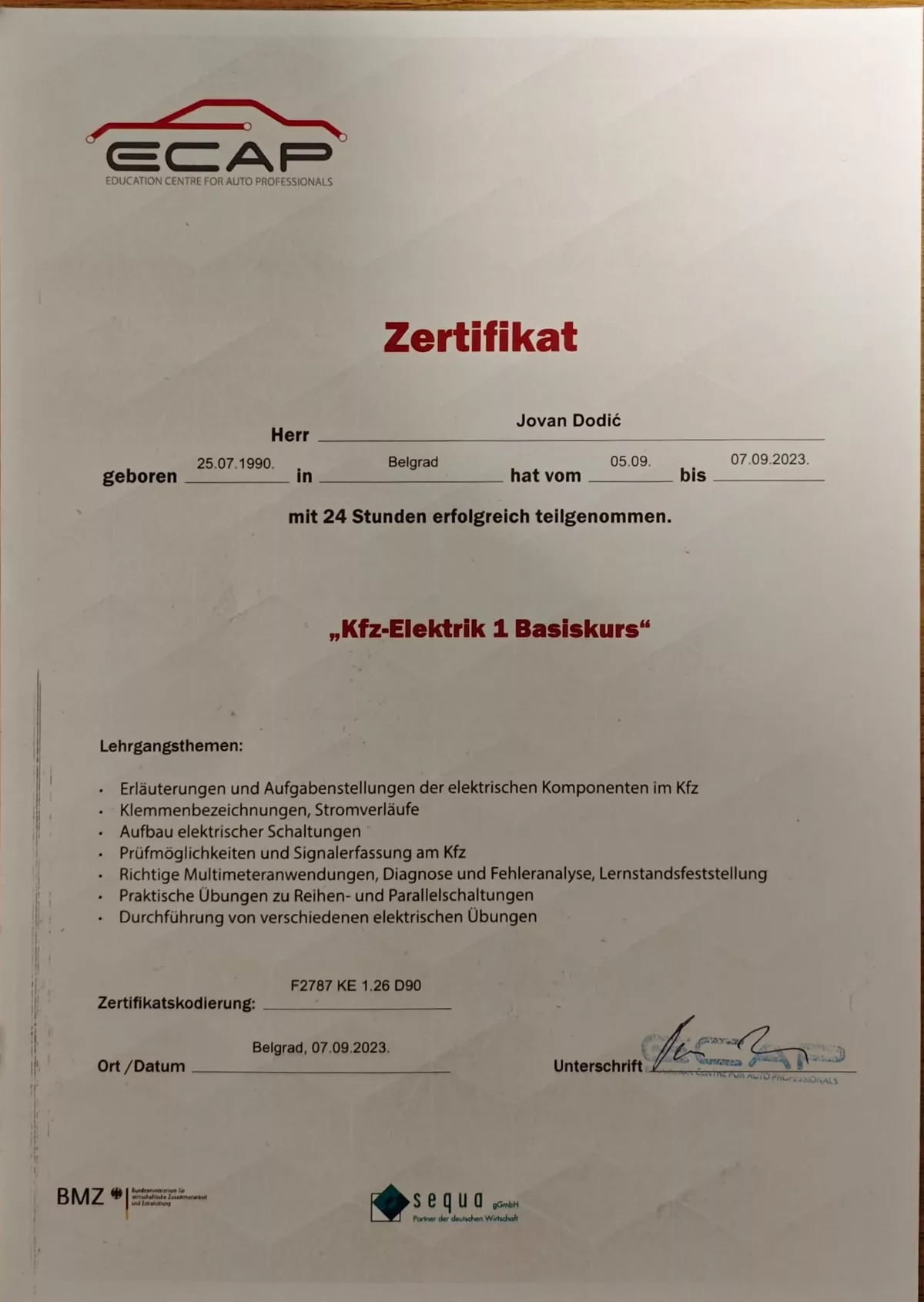 ECAP sertifikat — Jovan Dodić