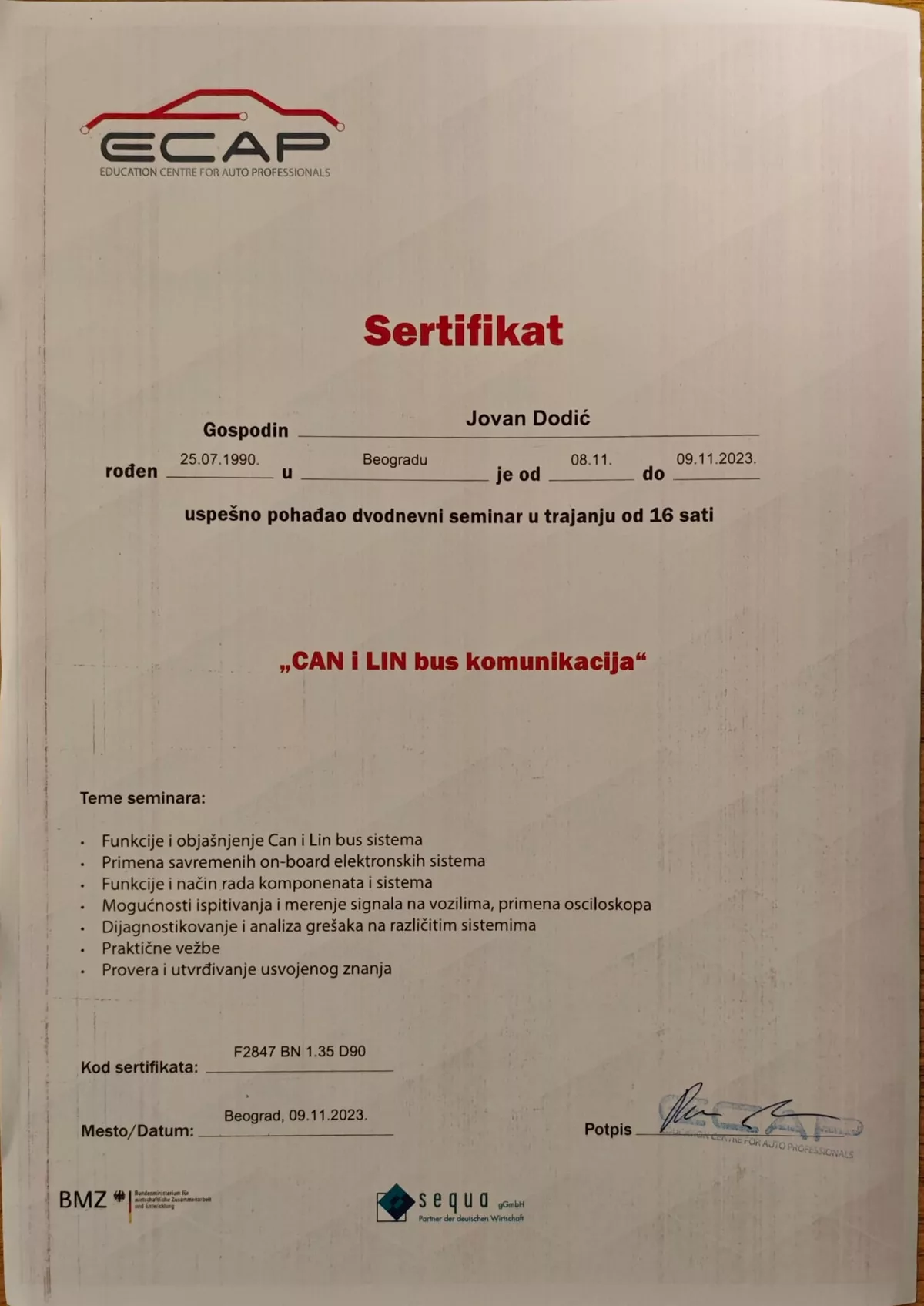ECAP sertifikat — Jovan Dodić